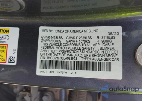 2020 Honda Accord Sport z USA, uszkodzony, nr VIN 1HGCV1F38LA093923